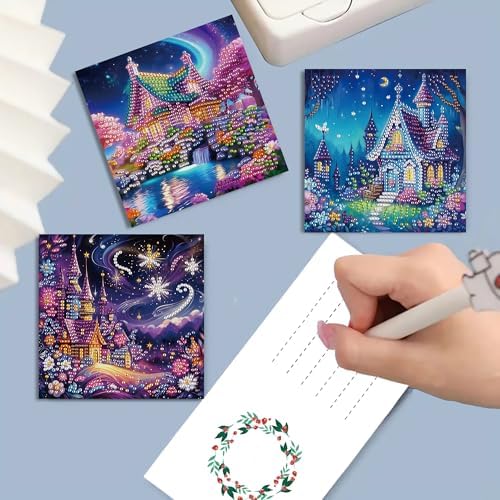 DIZAKIM 6-Piece Christmas-Themed Diamond Painting Greeting Cards Christmas Eve DIY Craft Kit Birthday Gift (Castle) - Image 5