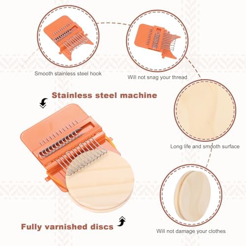 MECCANIXITY Mini Darning Loom, 12 Hooks Wood Weaving Knitting Machine with Knitting Needles for Repair Jeans Socks DIY Craft, Knit Patch Loom Weave Tool, Orange - Image 3