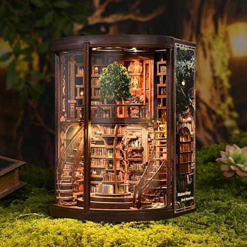 Wisdom Tree Library Book Nook Kit, DIY 3D Wooden Puzzle with Rotating Staircase, LED Light & Dust Cover, Premium Solid Wood Bookend, Vintage Decor, Creative Gift for Adults & Book Lovers - Image 2