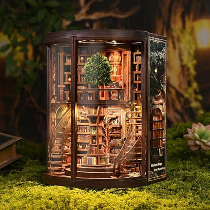 Wisdom Tree Library Book Nook Kit, DIY 3D Wooden Puzzle with Rotating Staircase, LED Light & Dust Cover, Premium Solid Wood Bookend, Vintage Decor, Creative Gift for Adults & Book Lovers - Image 2