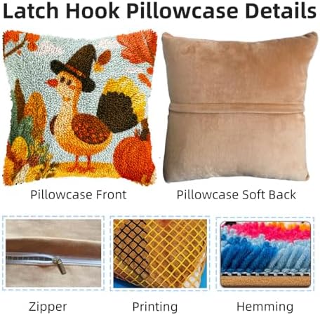 Latch Hook Pillow Kits for Adults Thanksgiving Day Turkey and Pumpkin DIY Pillow Cover Printed Pillowcase Crochet Hooking Yarns Handmade Cushion for Home Sofa Decoration 17x17inch(1) - Image 3