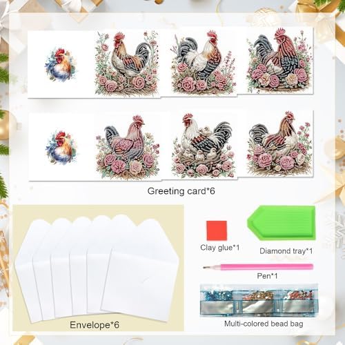 Tontut 6pcs5D Diamond Art Painting Greeting Card kit, Flower Laying Hen Rooster Adult DIY with Envelope, Special Shape Diamond Design Greeting Card Creative Gift - Image 3