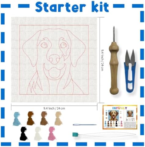 INFUNLY Labrador Dog Punch Needle Kit Animal Punch Needle Embroidery Kits for Adults DIY Punch-Stitching Kit with Instruction Threader Needles Square Frame for Wall Decor 9.4''x9.4'' - Image 2