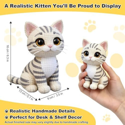 Morcolplus Realistic Cat Crochet Kit for Adults, Intermediate Amigurumi Crochet Kit with Step-by-Step Video Tutorials and All Materials Included, DIY Gift for Cat Lovers (Light Gray) - Image 3