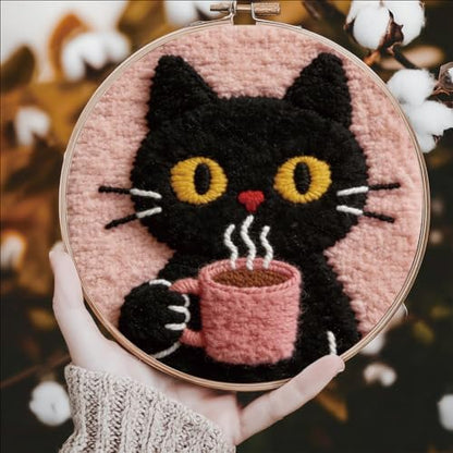 FREEBLOSS DIY Coffee Cat Punch Needle Kit for Beginners Embroidery Punch Needle Starter Craft Set with Instructions Frame Embroidery Kit for Adults Gift Decoration, 7.9"/20cm - Image 6