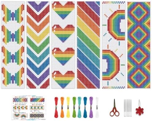 BEUNITONE Cross Stitch Bookmark Kit 6 Pcs Rainbow DIY Bookmarks Cross Stitch Kits for Adults Beginners Love Heart Pre-Sorted Floss Cross-Stitch Stamped Embroidery Kit with Instruction 8''x2.4'' by BEUNITONE