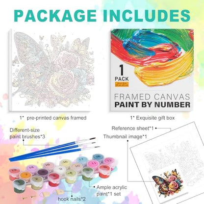 Framed Paint by Numbers Kit for Adults, Butterfly & Roses, 10 x 10 Inch - Image 4