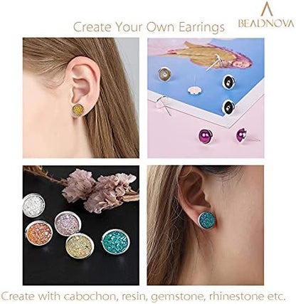 BEADNOVA Stud Earring Kit 30pcs Blank Stud Earring 12mm Stainless Steel Cabochon Setting Ear Post with Stainless Steel Backs for Cabochon Resin DIY Earstud Making (12mm, 30pcs) - Image 4