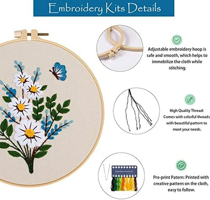 Embroidery Kit for Beginners,Cross Stitch Kits for Adults DIY Craft 3pcs Embroidery Pattern Needlework Fabric Embroidery Thread and Needles 1pcs Embroidery Hoop Adult Stitch Stuff Sewing Kit Gift - Image 4