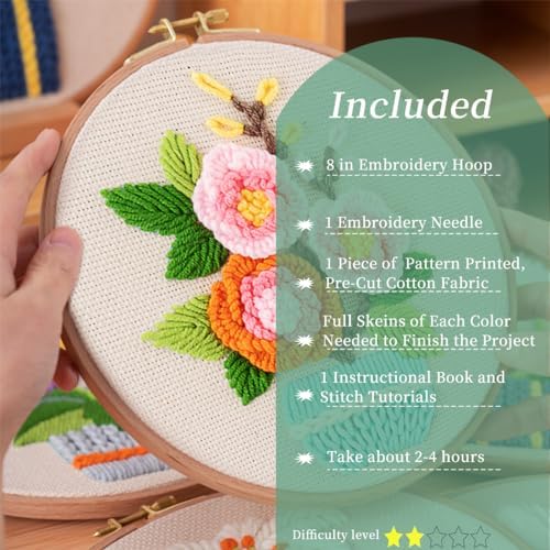 FONNUY Embroidery Kit for Beginners，3D Plants Flowers Pre-Stamped Pattern Kits Brightly Colored for Adults with Hoop (Pink Rose) - Image 2