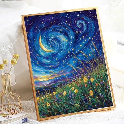 pchmcu DIY Starry Night Paint by Numbers Kits for Adults,Landscape Paint by Number for Adults Beginner Moon,Grassland Paint by Numbers Kits on Canvas Without Frame for Home Wall Decor 16x20inch - Image 3