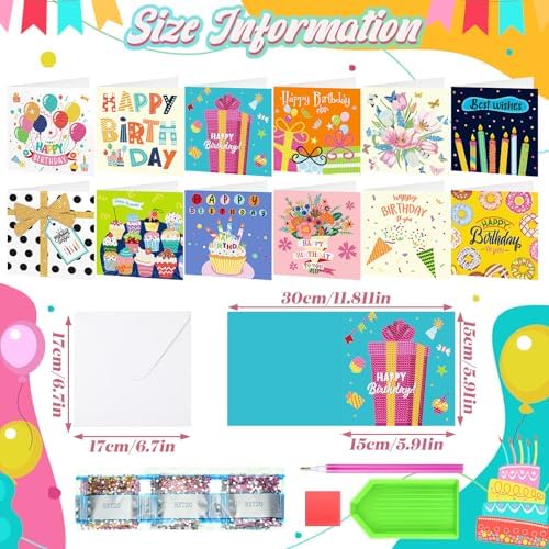 Saillong 12 Pack Happy Birthday Diamond Art Greeting Cards with Envelopes - Image 4