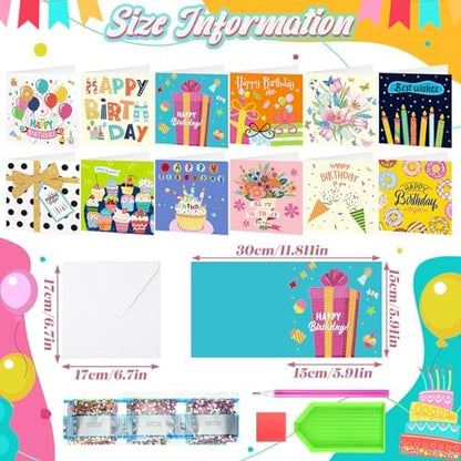 Saillong 12 Pack Happy Birthday Diamond Art Greeting Cards with Envelopes - Image 4