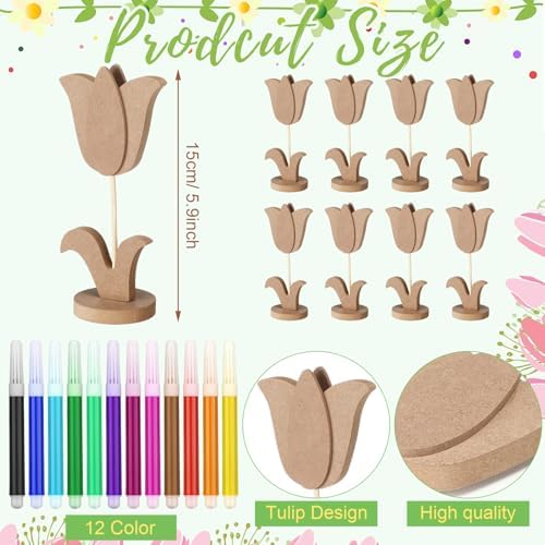 Bucherry 20 Pcs DIY Mother's Day Crafts Set 8 Pcs 3D Wooden Tulip to Paint Spring Wood Flowers Cutouts with Stand Unfinished Tulip Slices with 12 Colored Pens for Women Adult Crafts Art Table Decor - Image 2