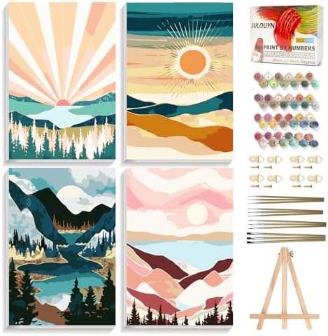 JULOUYN 4 Pack National Park Paint by Numbers Kit for Adults with Framed, Sunset Sunrise Mountain Easy Paint by Number Kits On Canvas with Wooden Easel, Painting by Numbers for Beginner Gift 8x12 in by JULOUYN