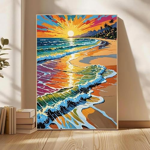 Mowana Paint by Numbers Kit for Adults Beginners, Sea Tide Beach Adult Paint by Number Framed Canvas with Easel, DIY Arcylic Adult Oil Painting by Number Kits 8x12inch - Image 2