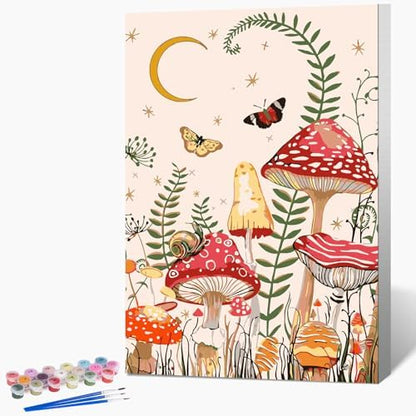 Fountor Framed Paint by Numbers Kit for Adults Beginner & Kids Ages 8-12, Moon Mushroom Forest Paint by Number with Frame, Easy Acrylic Butterfly Painting by Numbers Kit on Canvas 8x12 inch by Fountor