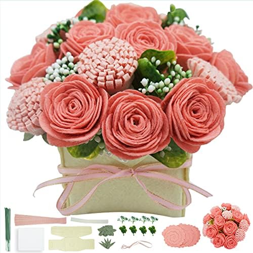 BAZIMA DIY Felt Flower Art Craft Kit, Pink Rose and Carnation Pot Bonsai Kit, Floral Gifts, Beginner Craft Kit, Arrange Pre-Cut Flowers and Foliage by BAZIMA+ALICE