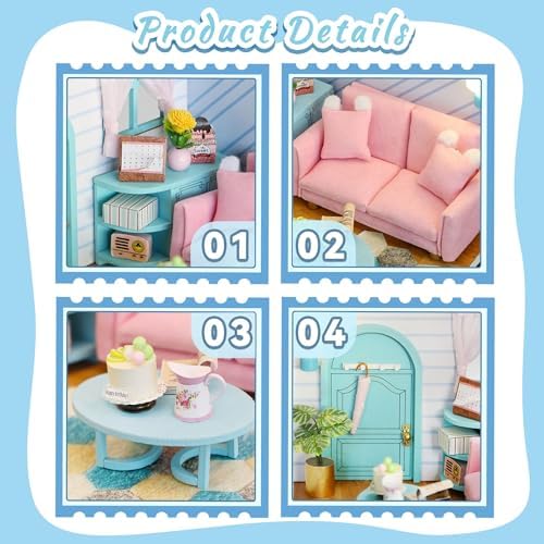 Kisoy Dollhouse Miniature with Furniture Kit, DIY 3D Wooden DIY House Kit A Corner of a Small Apartment Style with Dust Cover & LED, Handmade Tiny House Toys for Adults and Teens Gift（Living Room） - Image 4