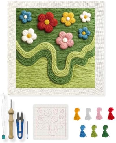 INFUNLY Green Moss Punch Needle Kit for Beginners Flowers Punch Needle Embroidery Kits for Adults DIY Punch-Stitching Kit with Instruction Threader Needles Square Frame for Wall Decor 9.4''x9.4'' by INFUNLY