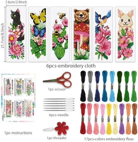 BEUNITONE 6 PCS Cross Stitch Bookmark Kit for Adults Beginners,Animal and Floral Pre-Printed Cross Stitch,DIY Stamped Embroidery Bookmark Kits,with Instructions,Craft Kit for Book Lovers 8.5''x3'' - Image 2
