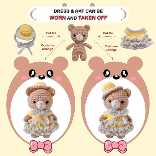 LoopMap Amigurumi Crochet Kit for Beginners with Removable Dress & Video Tutorials, DIY Bear Making Kit Includes Premium Yarn & Tools, Creative Gift for Adults Teens (Yellow) - Image 3