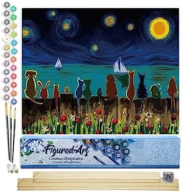Figured'Art Paint by Numbers Kit for Adults Starry Night with Animals 16"x20" - Craft Art Painting Rolled Canvas with DIY Wooden Frame by FiguredArt
