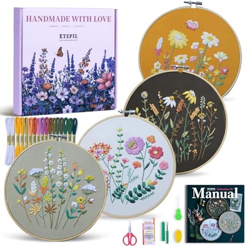 ETSPIL Embroidery Kit for Beginners, 2 Hoops, 4K Video, 4 Floral Patterns by ETSPIL
