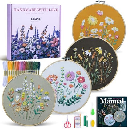 ETSPIL Embroidery Kit for Beginners, 2 Hoops, 4K Video, 4 Floral Patterns by ETSPIL