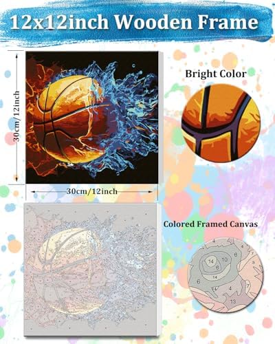 TOCARE Framed Paint by Numbers Kit for Adults Beginners & Kids Ages 8-12,12x12inch Basketball Paint by Number with Frame, Cartoon Sports Basketball Paint by Numbers Framed Canvas (Without Easel) - Image 2