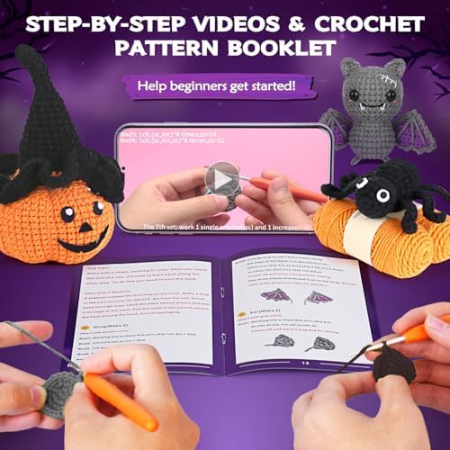 Crochetta Crochet Kit for Beginners, Halloween Decorations, Pumpkin Spider Bat Crochet Animal Kit for Adults and Kids with Step-by-Step Video Tutorials, DIY Knitting(40%+ Yarn) - Image 3