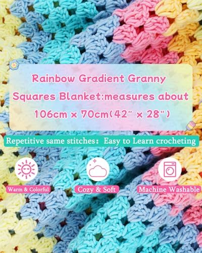 Aeelike Crochet Blanket Kit for Beginners,Rainbow Granny Square,Easy Start - Image 5