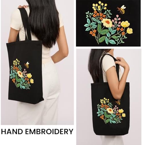 CREAWONDER Canvas Tote Bag Embroidery Kit with Pattern for Beginners, Arts and DIY Embroidery Crafts Kits for Adults, Include Instructions, Embroidery Hoops, Color Threads and Tool - Image 2