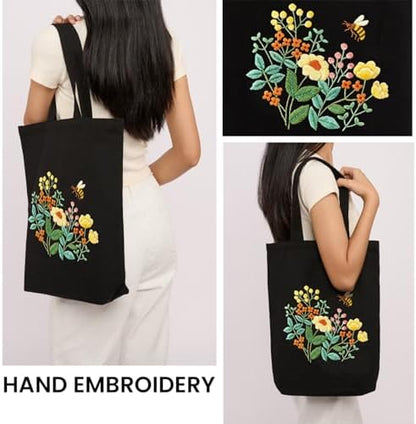 CREAWONDER Canvas Tote Bag Embroidery Kit with Pattern for Beginners, Arts and DIY Embroidery Crafts Kits for Adults, Include Instructions, Embroidery Hoops, Color Threads and Tool - Image 2