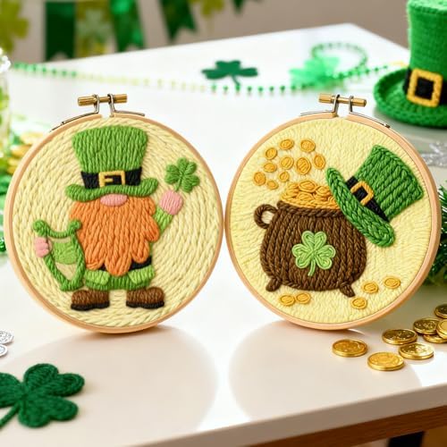 INFUNLY 2 Set St. Patrick's Punch Needle Embroidery Kits for Beginner Adult Gnome DIY Punch Needle Starter Kit for Wall Hanging Clover Needles Stitching Kit with Instruction for Crafts Gift Home Decor - Image 4