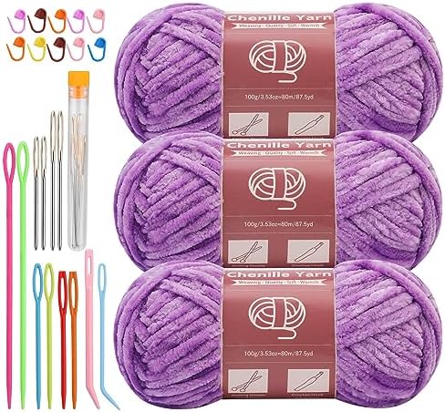 LUNARM Chenille Yarn 3 Pack 3.5oz Chunky Blanket Velvet Yarn 263 Yard by Lunarm