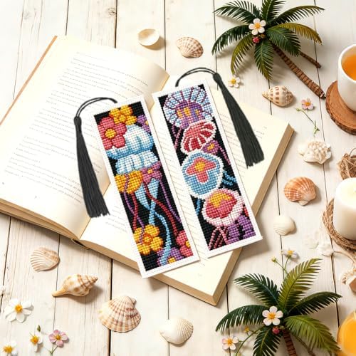 INFUNLY 6PCS Jellyfish Cross Stitch Bookmark Kit for Adults 3''×8.5'' Flowers Stamped Embroidery Bookmark Kits with Fantasy Jellyfish Needlepoint Bookmark Kit with Instruction for Book Lovers Readers - Image 6