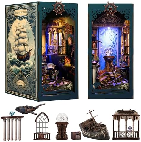 Book Nook, DIY Book Nook Kits for Adults, Ocean Adventure 3D Wooden Puzzle Bookend Bookshelf Insert Decor with LED Light - Image 2
