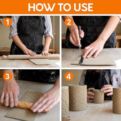 Byllstore Extra Large Clay Texture Rollers with Pottery Stamps | 3 Texture Rollers | 6 Clay Stamps | 3-Pack (9" x 1.2", 3 Pack) - Image 6
