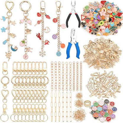 485 Pcs Charms Lip Gloss Keychain Making Kit, DIY Bag Charm Kit Including 40 Key Chain Hooks 30 Extender Chains 212 Gold Charms & Letter 200 Jump Rings 1 Plier and 1 Puncher for Craft Supplies by Modacraft