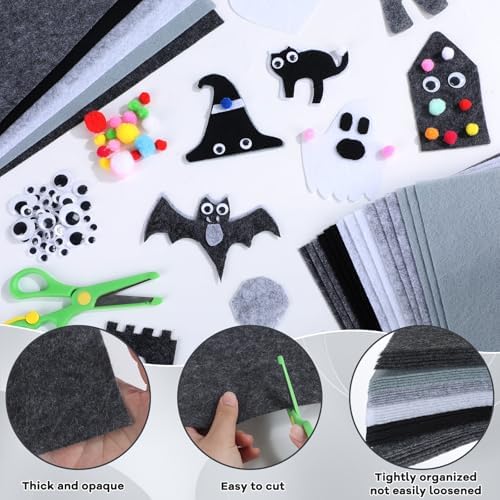 42Pcs Black Gray Fabric Sheets 8 x 12 Inch Assorted Soft Black Gray White Thick Felt Pack with Wiggle Google Eyes Pom Poms Glitter Patchwork Craft Supply for DlY Sewing Creative Art Project Decor - Image 3