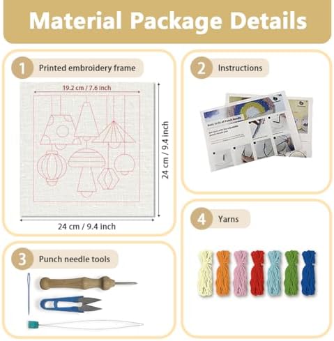 DOODLREAM Pendant Lamps Needle Kit for Beginner, 9.4"x 9.4" Geometric Light Fixture Punch Stitching Craft Set, DIY Embroidery Starter with Printed Frame, Instruction, Threader, Yarn, Pinch Needle - Image 2