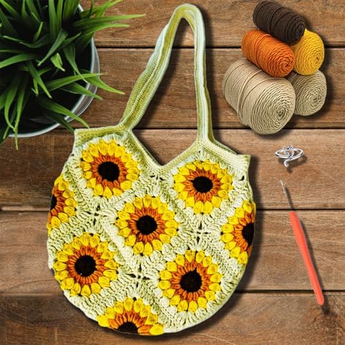 Anbaagsky Crochet kit for Beginners Sunflower Tote Bag Granny Square Crochet Tote Bag with Step-by-Step Video Tutorials Knitting Kit Beginner Crochet Kit for Adults - Image 5