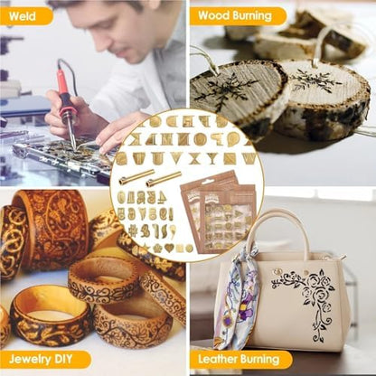Wood Burning Letters 52Pcs Wood Burning Tip Set Letter Wood Burning Tool Brass Alphabet Number Template Symbol Pyrography Head Tools for Leather Wooden Burner Craft DIY - Image 6