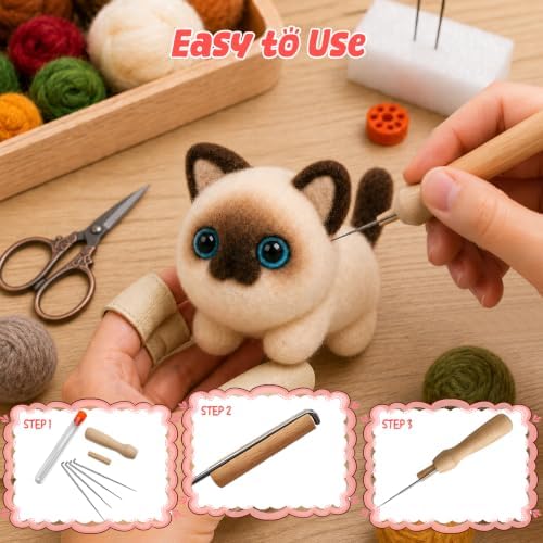 Voduynl Beginner Needle Felting Kit - 4 Cats and Dogs Pairs - Includes Wool, Tools, Step-by-Step Video, Safety Guide & Instruction Cards, Ideal Starter Set for Adults & DIY Beginners - Image 3