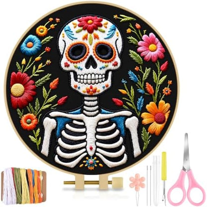TINDTOP Embroidery Kit for Adult Beginners, Embroidery DIY Starter Kit, with Stamped Patterns, Hoop, Tools, Colorful Threads with Needles, Instructions (Skeleton C) by TINDTOP