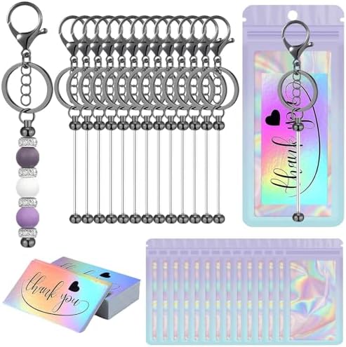 42/84/126 Pcs Beadable Keychain Bars Bulk Blank DIY Beaded Keychain Making Supplies with Bag Thank You Card by Unknown