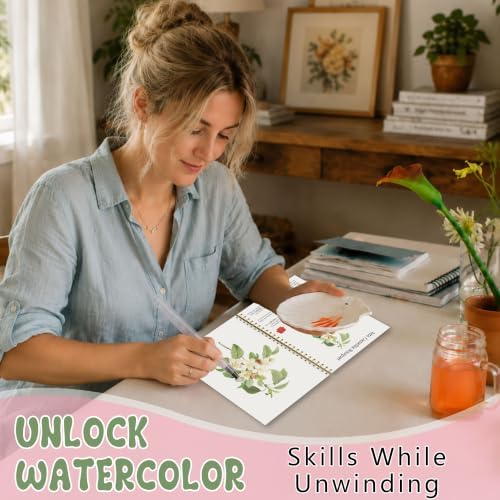 Retro Floral Watercolor Workbook for Beginners, 12 Different Retro Florals Patterns of Original Designs, Pink Rose Water Coloring Book Set with Water Paintbrush, Relaxing Art Gift for Flower Lovers - Image 5