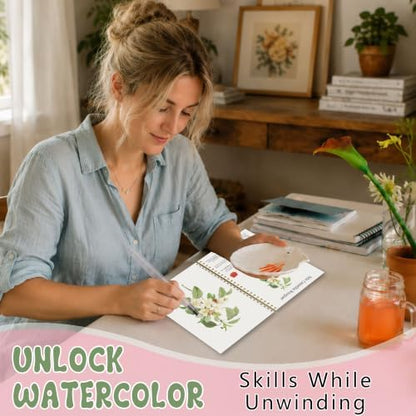 Retro Floral Watercolor Workbook for Beginners, 12 Different Retro Florals Patterns of Original Designs, Pink Rose Water Coloring Book Set with Water Paintbrush, Relaxing Art Gift for Flower Lovers - Image 5