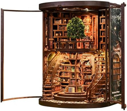 Book Nook Kit - Wisdom Rings Book Archive - Wooden Bookend and 3D Puzzle with LED Light, DIY Set for Adults, Bookshelf Decoration Diorama Kit, for Birthdays - Image 2